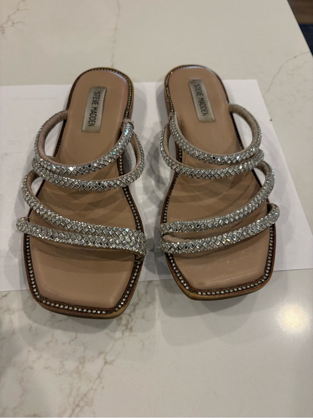 Steve Madden Nude Slide Sandals with Silver Crystal Straps